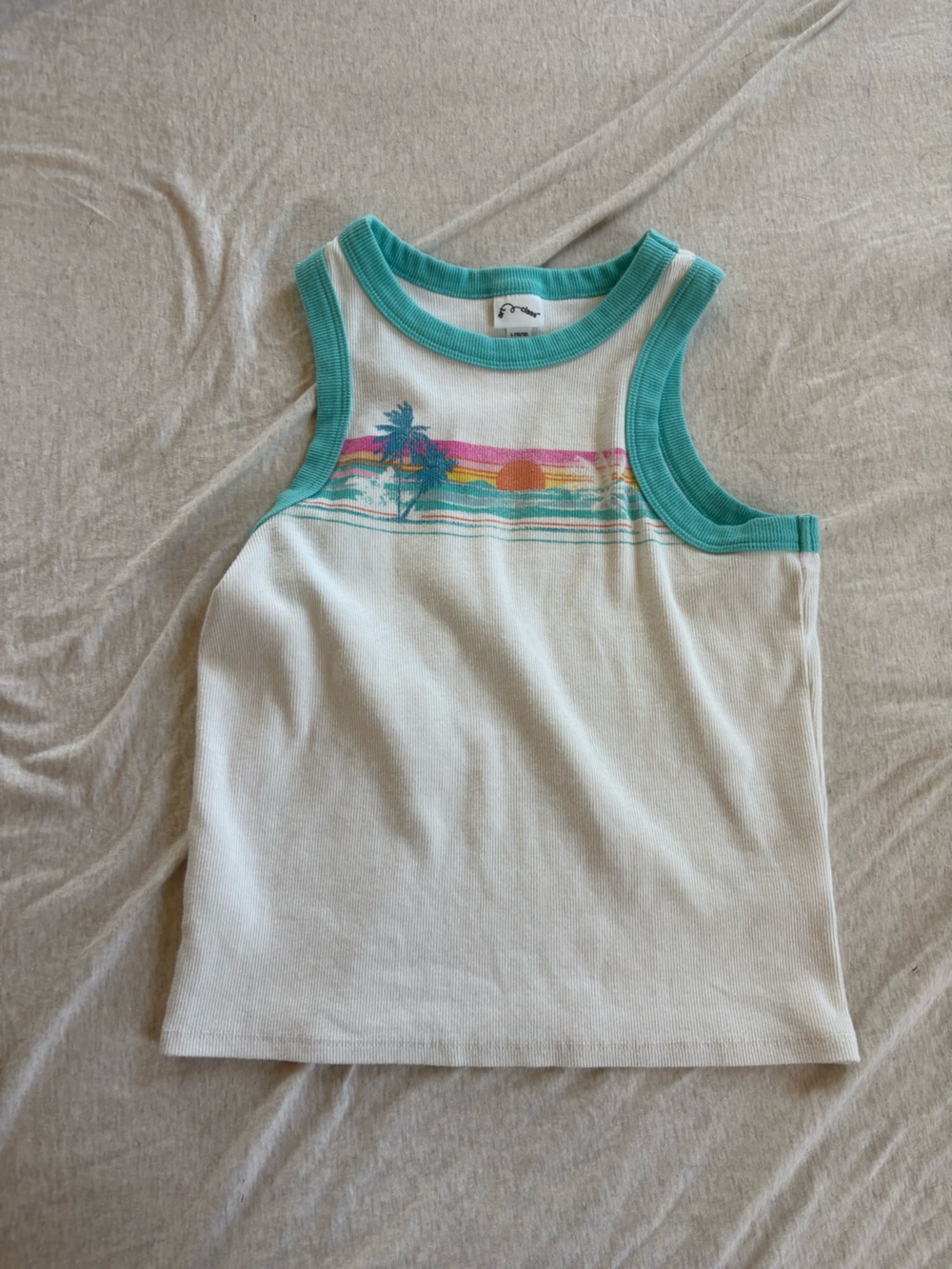art class White Tank with Teal Trim and Sunset Graphic